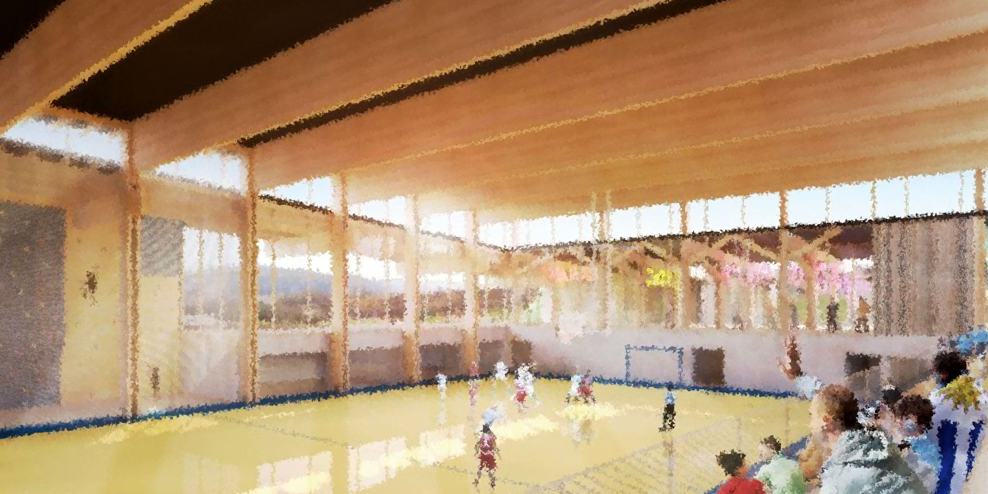 Vue depuis plan du futur complexe sportif de Joinville, vue de l'intérieur du gymnase