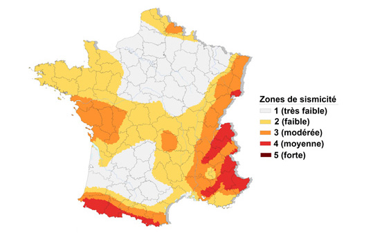 Schéma des zones de sismicité en France